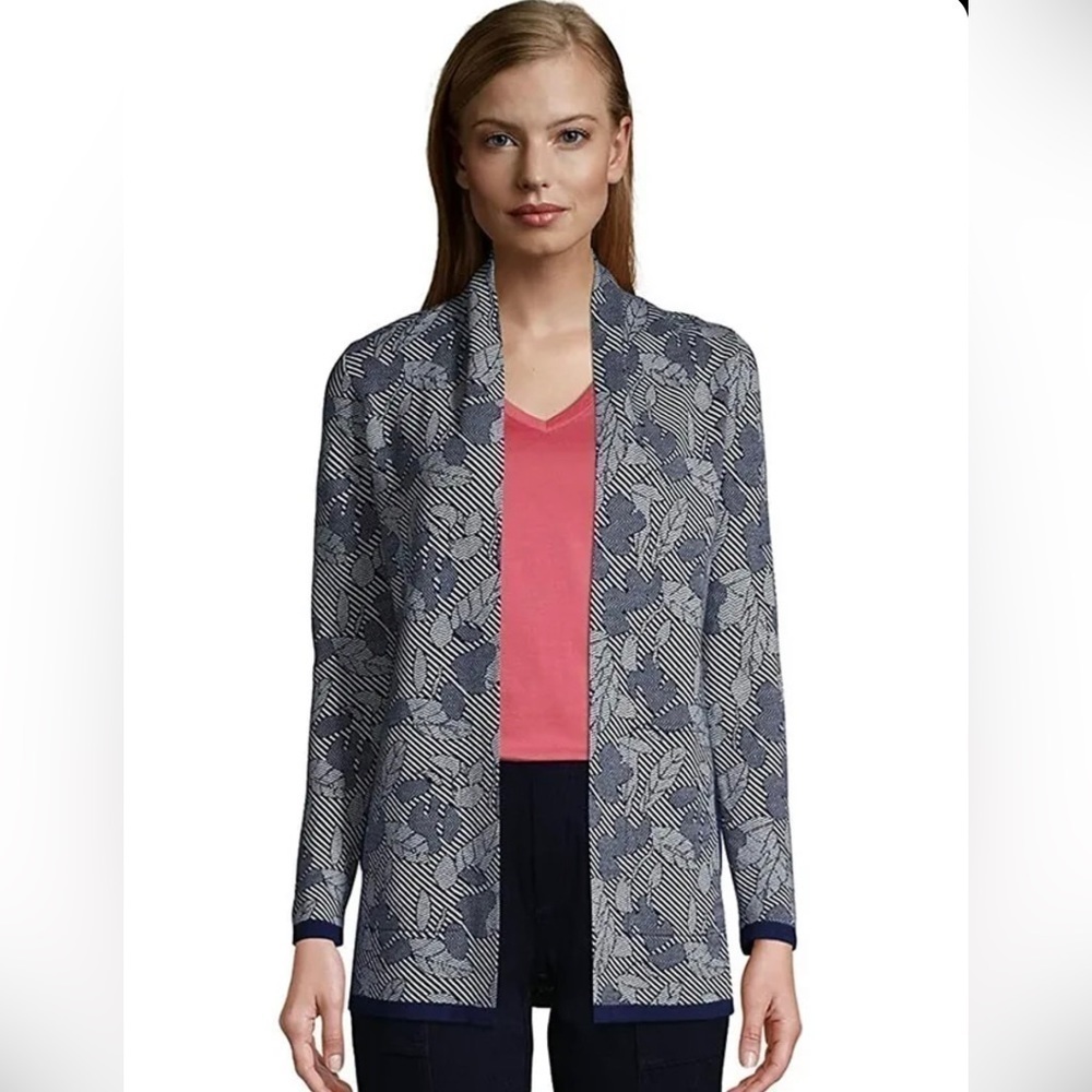 Land’s End jacquard navy blue and white leaf pattern open cardigan and pants